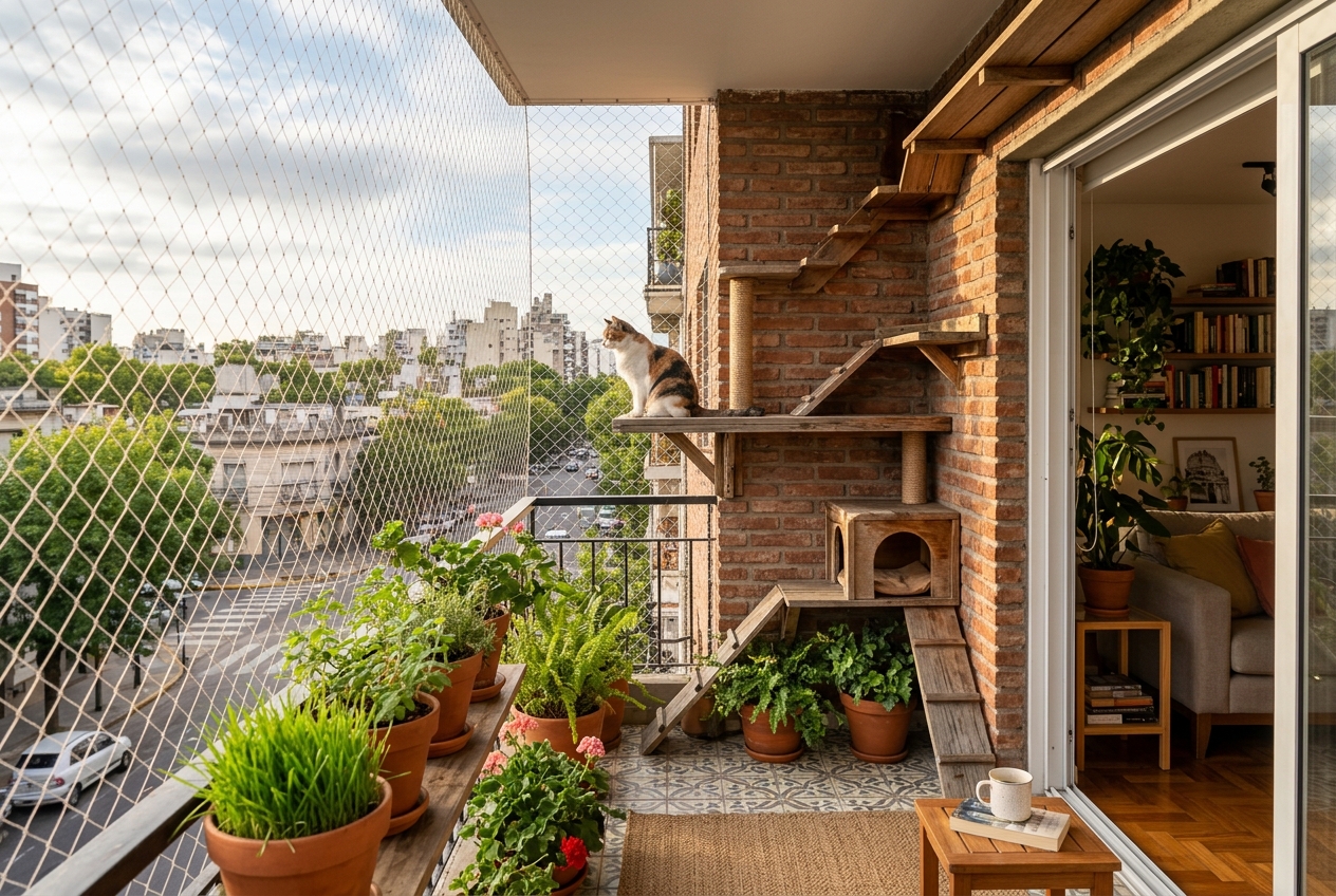 Balcón terraza porteño con red de protección felina UV de alta tenacidad y mirador de madera de cedro